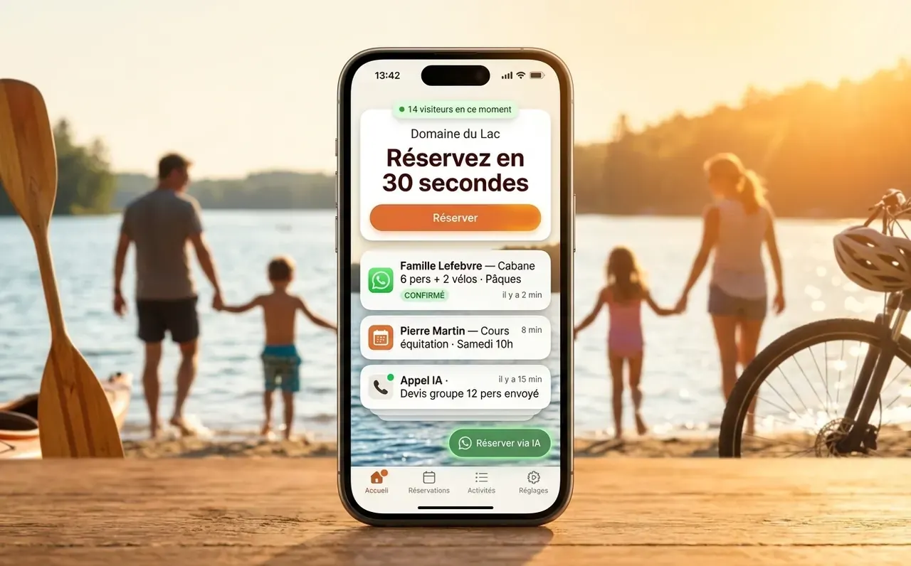 Site augmenté du Domaine du Lac en peak summer — réservations en direct, IA active, environnement vivant