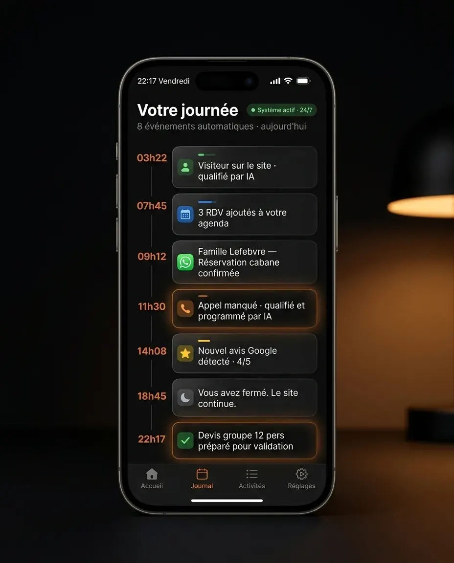 Journal d'activité du Domaine du Lac sur 24h — 7 événements automatisés de 03h22 à 22h17