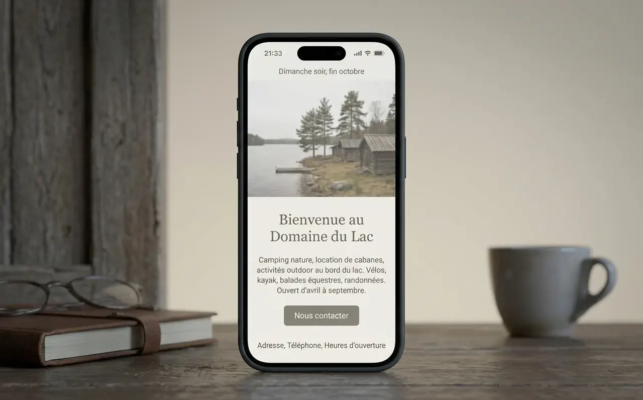 Site vitrine basique du Domaine du Lac — dimanche soir, fin de saison, aucune activité