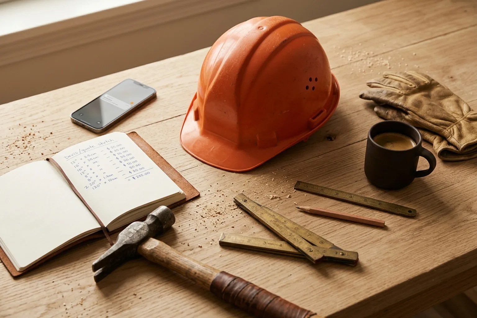 Casque de sécurité orange, marteau de charpentier, mètre pliant en laiton et carnet de devis manuscrit sur un établi en bois clair — l'atelier d'un artisan BTP au calme.