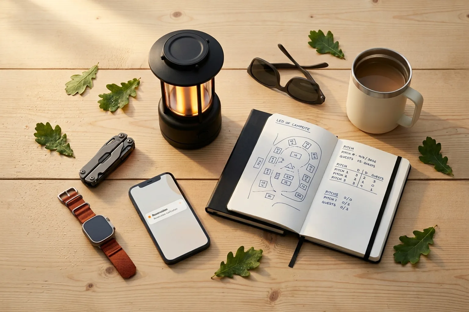 Lanterne LED moderne à lueur orange, carnet de réservations manuscrit, mug thermos et outils outdoor sur un établi en bois cream — la mise en place d'un gestionnaire de camping avant l'ouverture de l'accueil.