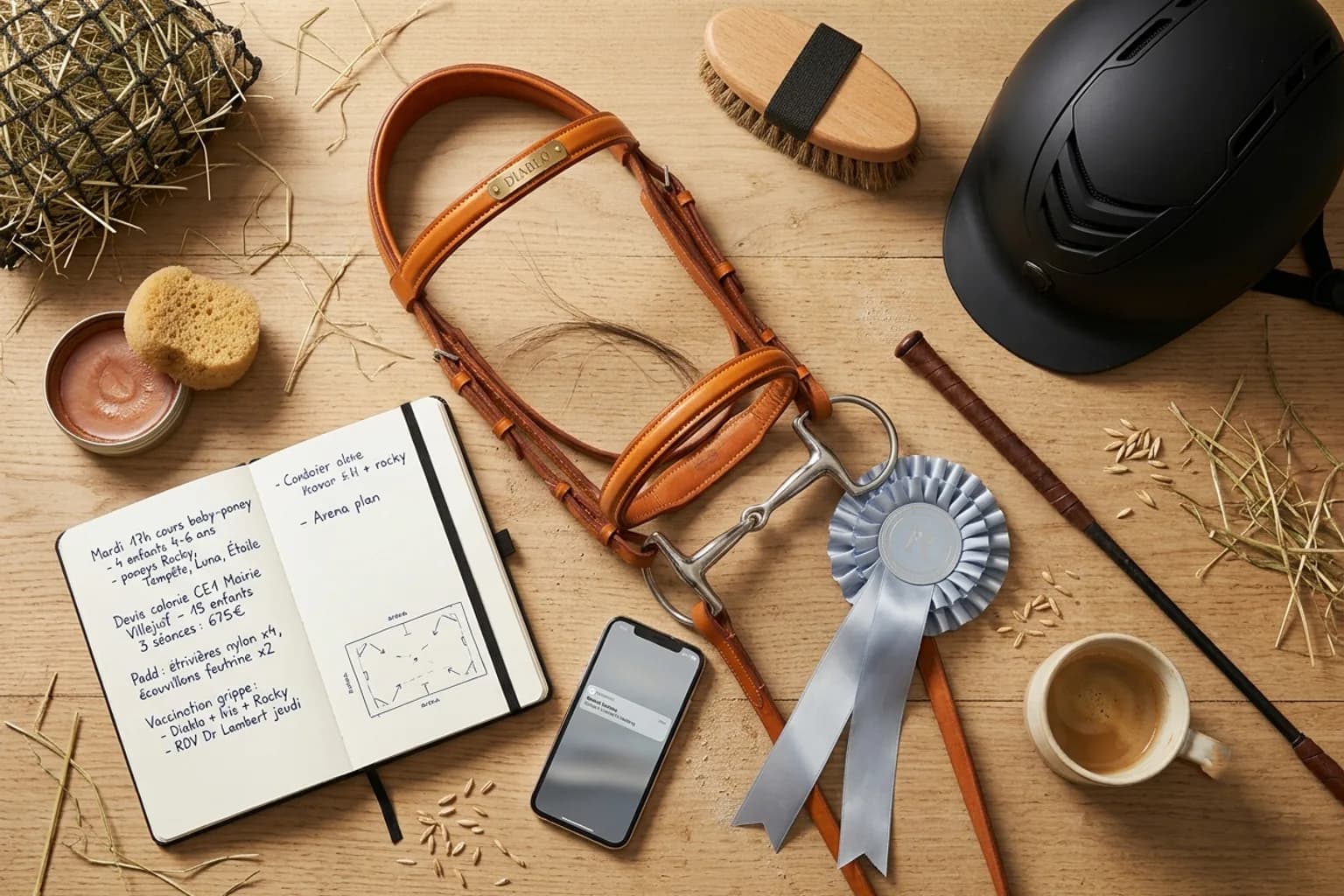 Bride cuir miel-orange assemblée avec mors inox, plaquette laiton gravée « Diablo », cocarde de concours dressage et carnet manuscrit de planning cours baby-poney sur un établi en bois de sellerie — la préparation d'un moniteur de centre équestre à l'aube.