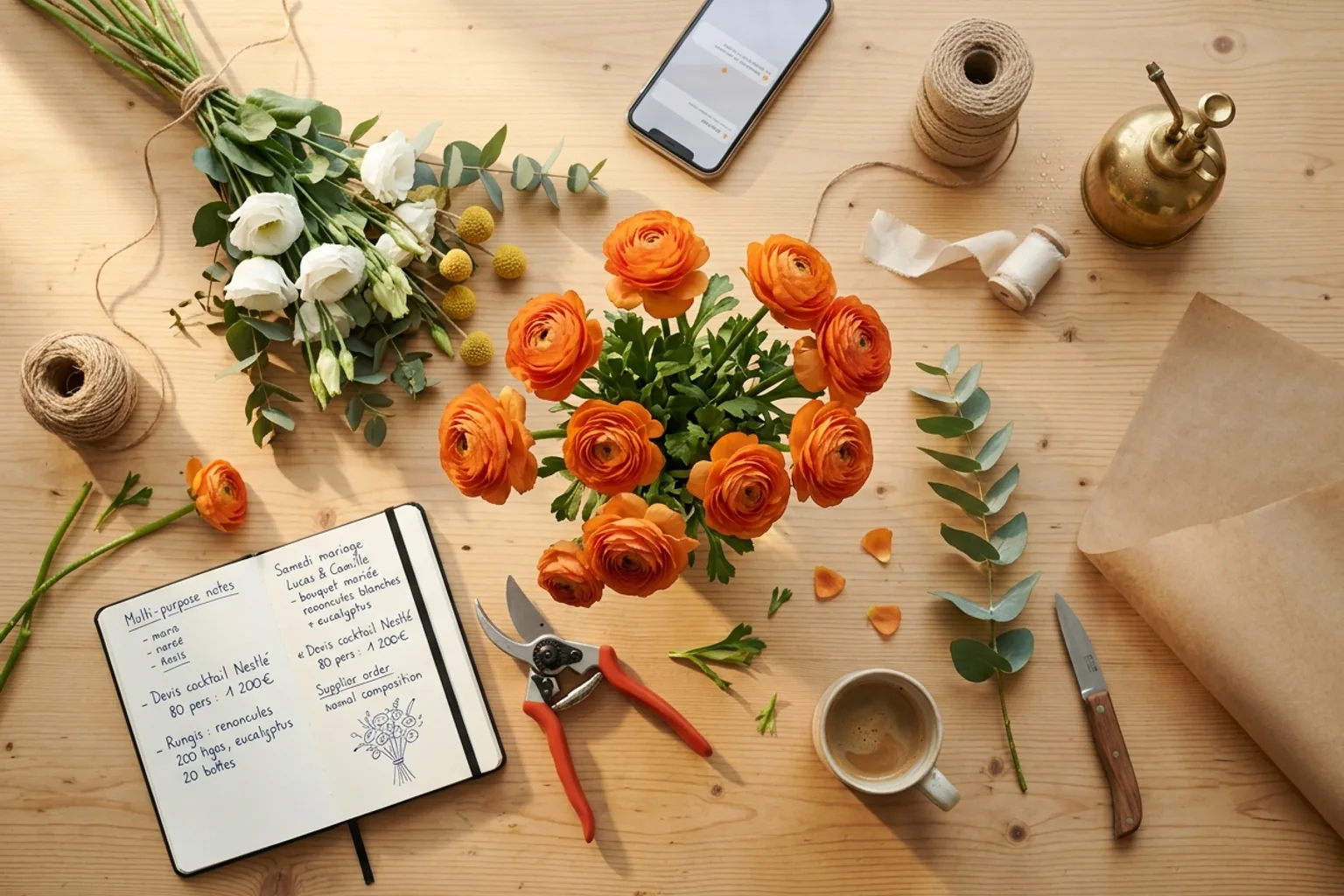 Renoncules oranges fraîches, sécateur floral pro à poignées rouge-orange, bouquet en cours d'assemblage et carnet de commandes mariage manuscrit sur un établi en bois clair — la préparation d'une fleuriste designer avant l'ouverture de sa boutique.