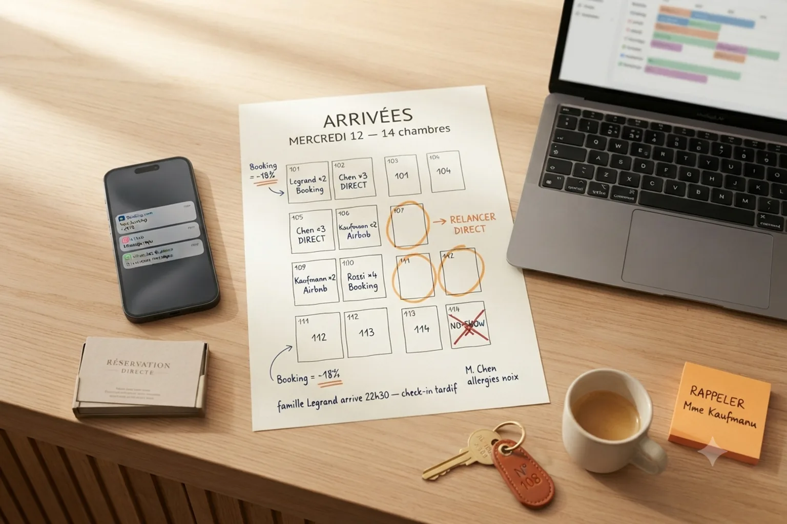 Bureau de réception d'hôtel indépendant en bois recyclé : planning du jour manuscrit avec les 14 chambres et statuts direct/Booking/Airbnb, iPhone avec notifications multi-canaux, clé en cuir estampée N°108 — la charge opérationnelle d'un hôtelier qui gère les OTA sans se noyer.
