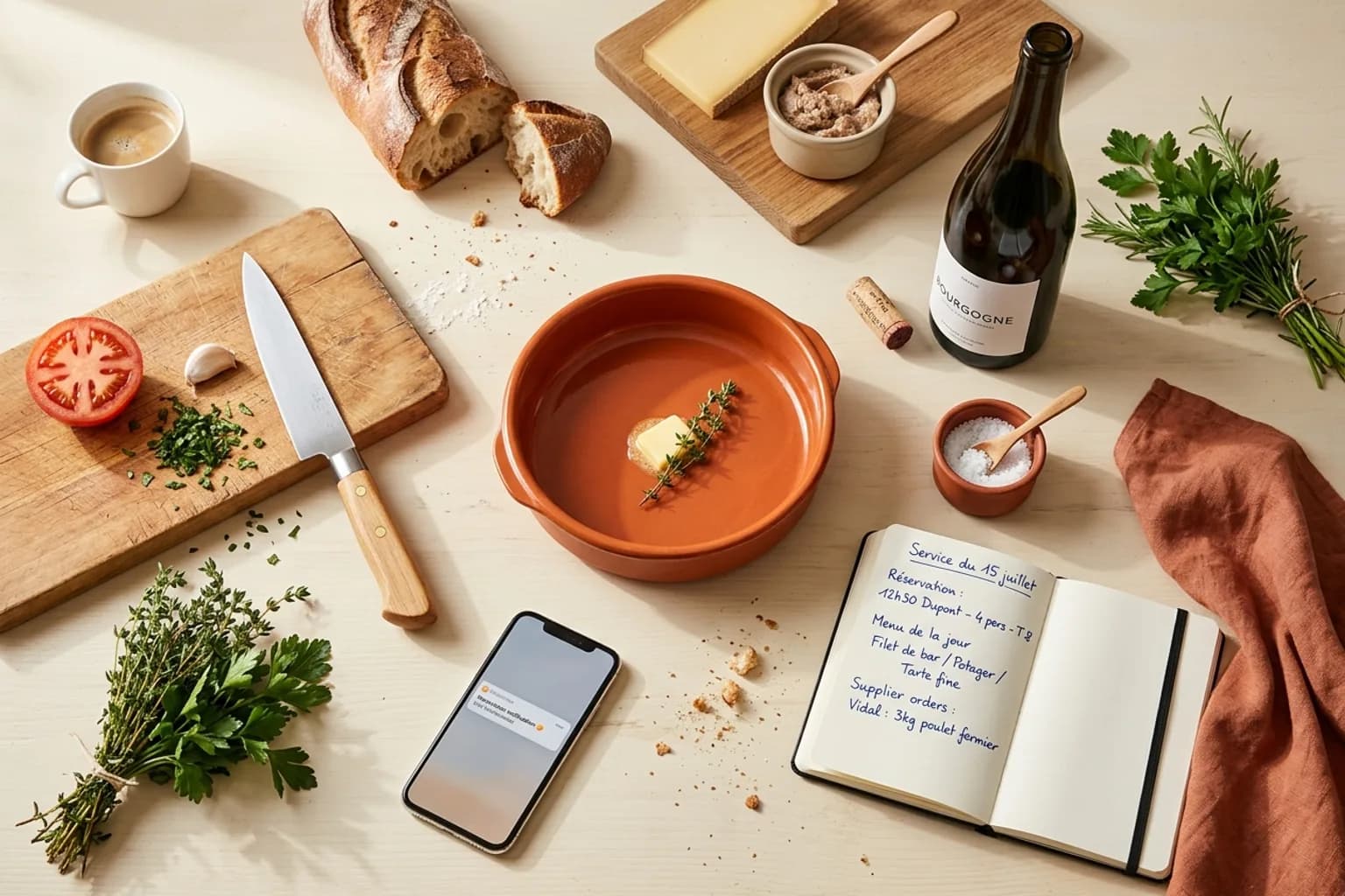 Plat en céramique terracotta orange avec beurre qui fond, couteau de chef à manche bois, baguette rustique et carnet de menu du jour manuscrit sur un établi en bois clair — la mise en place d'un chef de bistrot français avant le service.