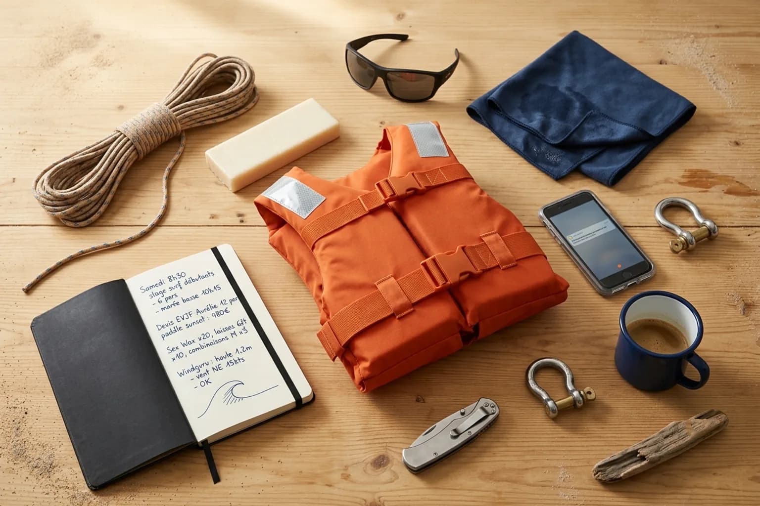 Gilet de sauvetage pro orange fluo plié, bloc de wax de surf, cordage marine et carnet de stages manuscrit avec notes météo Windguru sur un établi en bois clair — la préparation d'un moniteur d'école nautique à l'aube avant le premier stage.