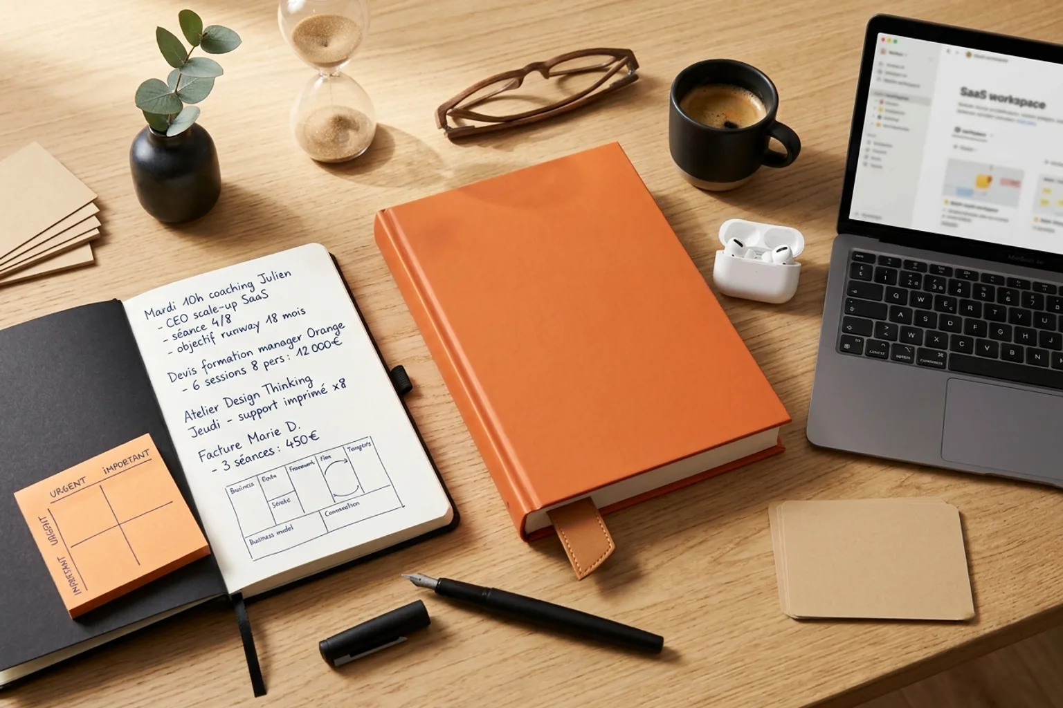Livre business à couverture orange, Post-its matrix URGENT/IMPORTANT, MacBook Air ouvert avec interface Notion, AirPods Pro et notebook manuscrit avec framework coaching sur un bureau en bois clair — la préparation d'un coach professionnel avant une session client hybride.