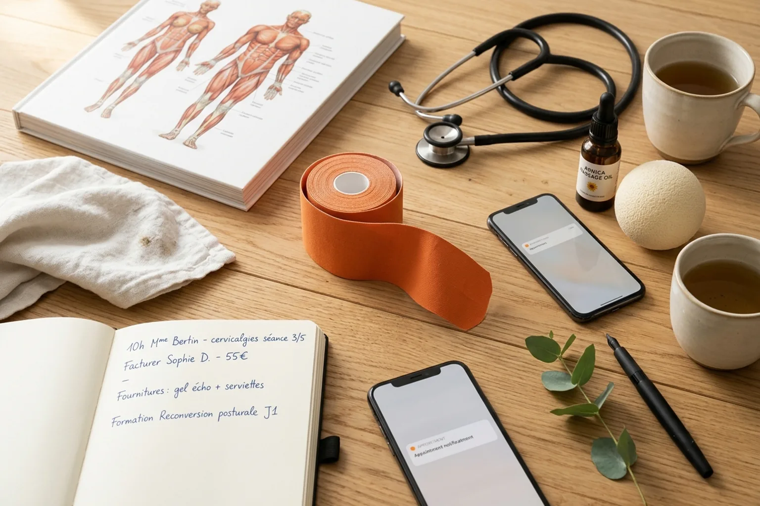 Rouleau de bande de kinésithérapie orange, atlas d'anatomie ouvert, stéthoscope moderne et carnet de suivi patients manuscrit sur un établi en bois cream — la préparation d'un praticien de santé libérale entre deux consultations.
