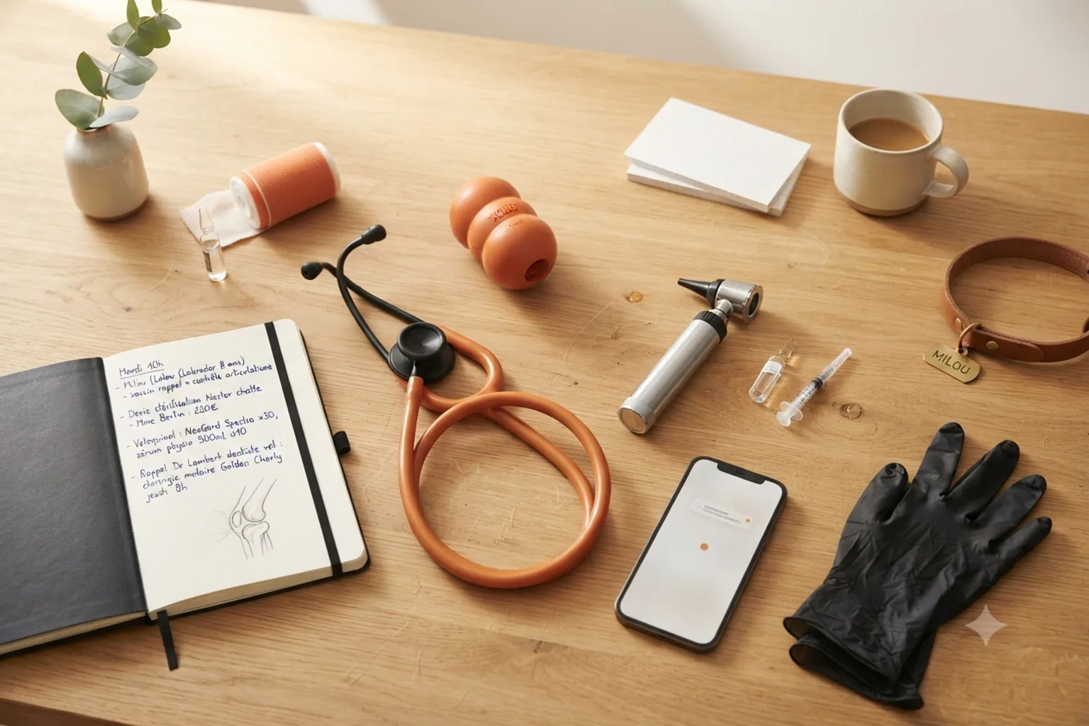 Bureau de vétérinaire sur bois recyclé : stéthoscope, carnet de suivi manuscrit avec rappels de vaccins, protocole d'urgence imprimé, mug de thé chaud, iPhone avec notification WhatsApp d'un propriétaire — la charge quotidienne d'un véto qui alterne consultation, téléphone et urgences.